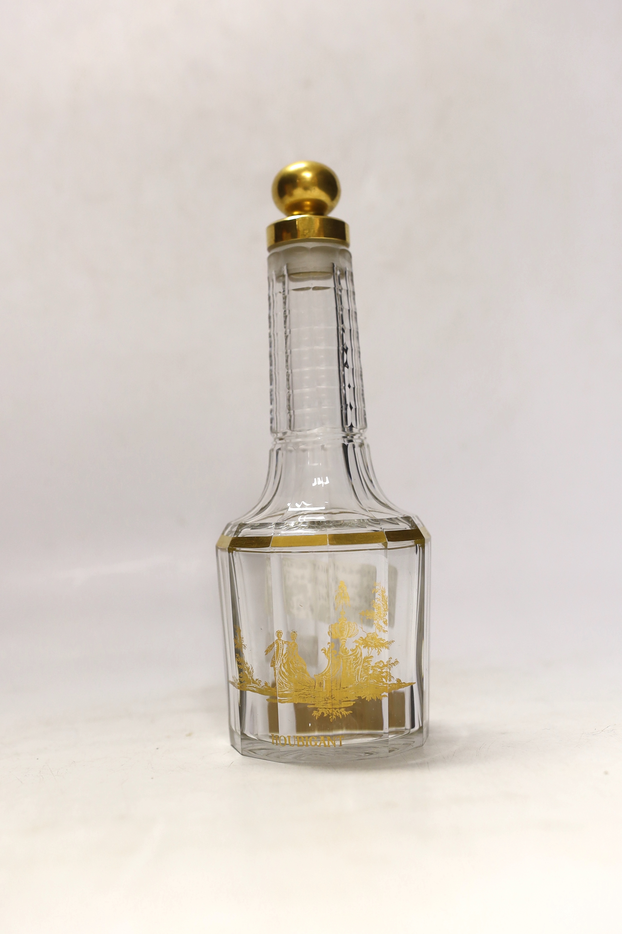 An Annick Gontal, Paris Baccarat perfume atomiser, boxed, together with three Houbigant perfume gilt decorated Baccarat bottles, one with two door peach leather case, tallest Houbigan perfume bottle, 20cm high including
